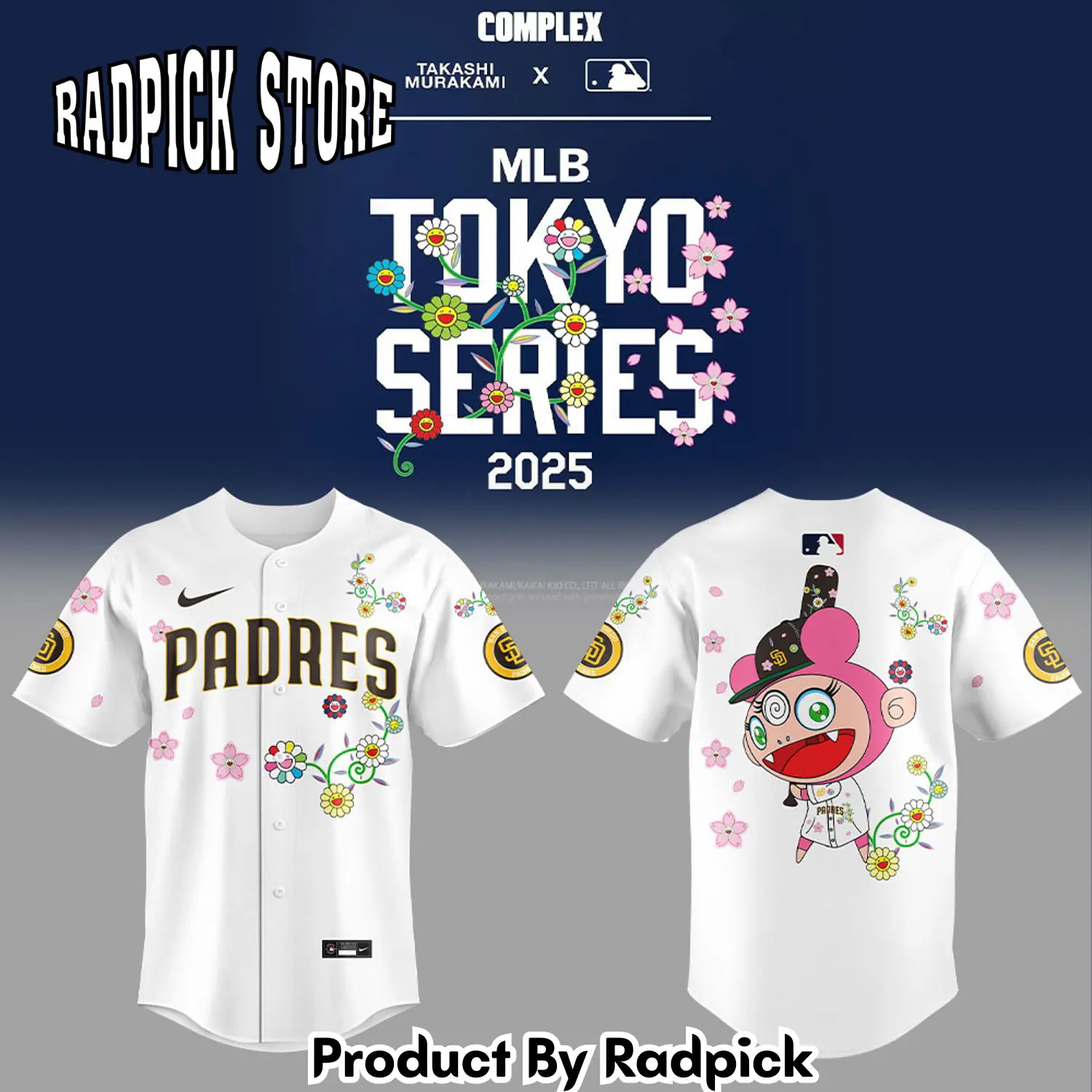 Radpick san diego padres takashi murakami x mlb world tour tokyo series whrite flower mix baseball jersey rp127168